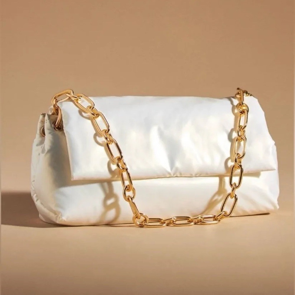 Anthropologie Cream w/ a gold pearl finish Puff Shoulder Bag with Gold Chain